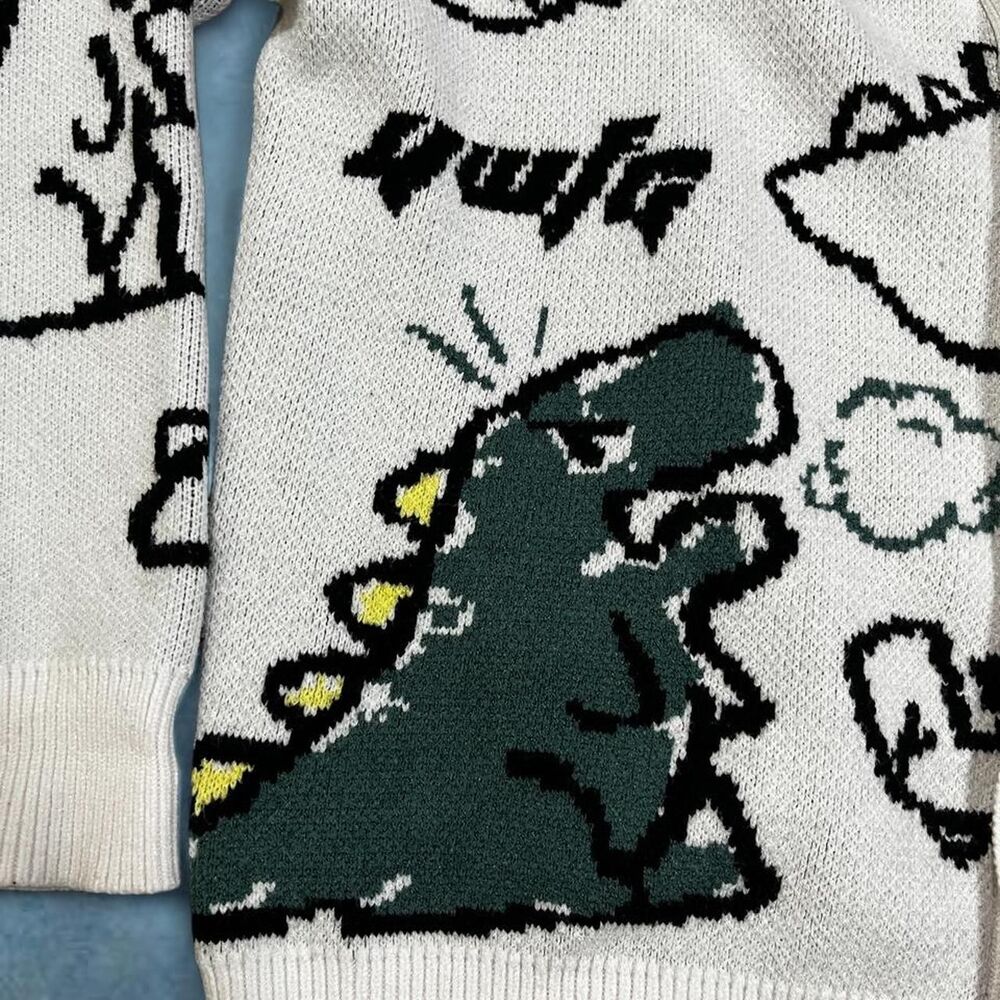 Women’s YWFG white cardigan sweater with dinosaurs oversized cozy - Picture 5 of 6